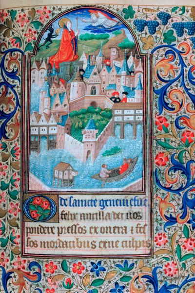 St. Genevieve beder på tårnene i Notre Dame, Paris, 1400-tallet af Unbekannt