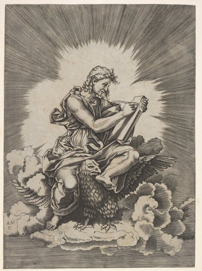 St. John, siddende og holder et skriveredskab til en tavle, en ørn med ydre..., efter 1518. af Unbekannt