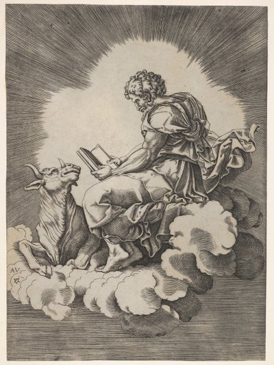 St. Luke, siddende på en sky med en åben bog i begge hænder, en tyr liggende på hans gebyr..., efter 1518. af Unbekannt