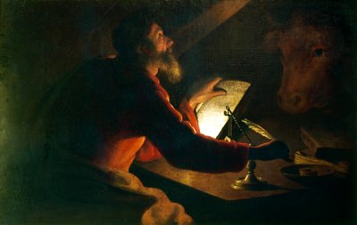 Evangelisten St Lukas skriver sit evangelium iagttaget af sit symbol, en okse, det 17. århundrede af Unbekannt