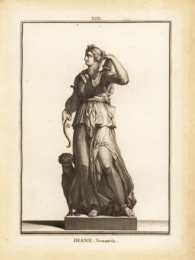 Statue af Diana Venatrix, romersk jagtgudinde, med bue, pil og kogger af Unbekannt