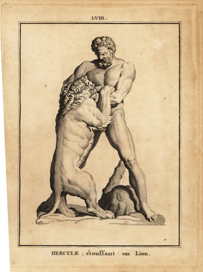 Statue af Hercules, romersk helt og gud, der kvæler en løve af Unbekannt