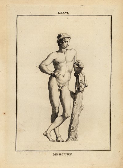 Statue af Merkur, romersk gud for handel og kommunikation, i bevinget hat petasos med gedeskind af Unbekannt