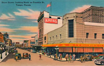 Gadescene, ser mod nord på Franklin St., Tampa, Florida, c1940