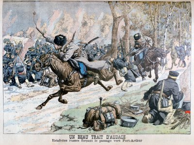 Overraskende angreb af russisk kavaleri på vejen til Port Arthur, russisk-japanske krig, 1904 af Unbekannt