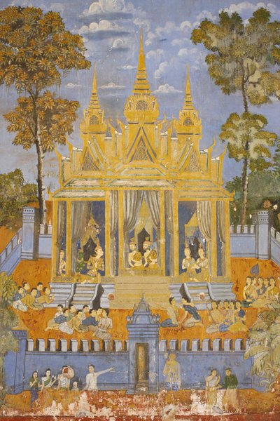 Sylver Pagoda Dette vægmaleri viser scener fra Reamker, som er den cambodjanske eller khmeriske version af det klassiske hinduistiske digt Ramayana, Phnom Penh, Cambodia af Unbekannt