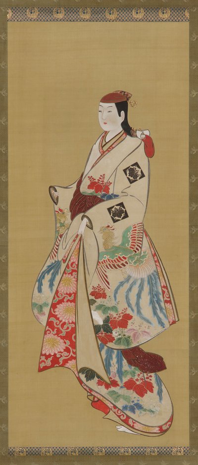 Høj pige, kjole mønstret med ho-o fugl og kiri blomster, Edo periode, 1615-1868. af Unbekannt
