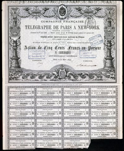 Telegraphy, General Paris-New York Telegraph Share Certificate, 27. marts 1879 af Unbekannt