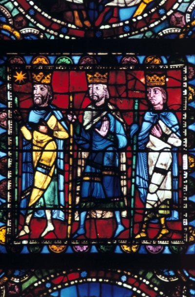 Magiernes tilbedelse, farvet glas, Chartres Cathedral Frankrig, 1145-1155 af Unbekannt