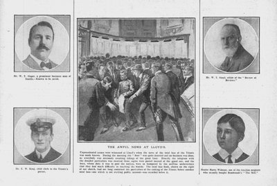 The Awful News at Lloyds, med portrætter af nogle af dem om bord på Titanic, 20. april 1912. af Unbekannt