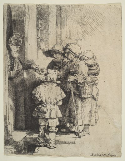 Den blinde Hurdy-Gurdy-spiller og familie modtager almisser, 1648. af Unbekannt