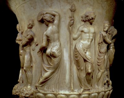 Borghese-krateret eller -vasen, detalje af relief, der forestiller Dionysos og hans maenads, græsk, nyattisk, slutningen af det 2. århundrede f.Kr. (marmor) af Unbekannt