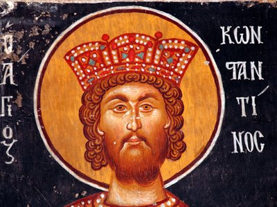 Den byzantinske fresko fra det 15. århundrede (Detalje): Kejser Konstantin Vægmaleri Michael Ærkeengel Kirke i Pedoulas Cypern Malede kirker UNESCO-sted Troodos, Cypern af Unbekannt