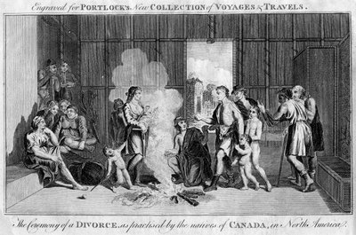 Ceremonien for en skilsmisse, som praktiseret af de indfødte i Canada, i Nordamerika, c1760 af Unbekannt