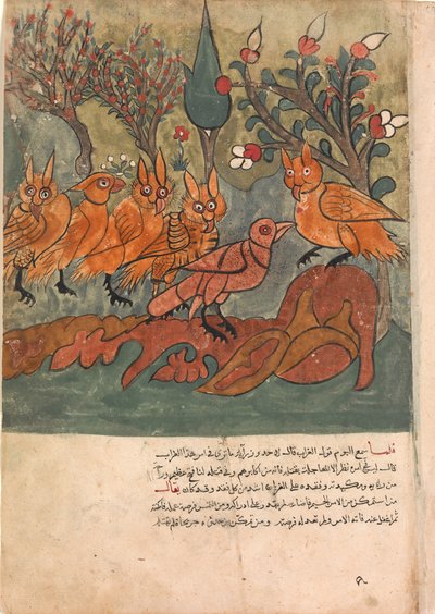Kragespionen taler med uglernes konge og hans ministre, Folio fra en Kalila..., 1700-tallet. af Unbekannt