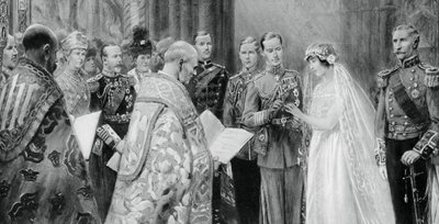 Hertugen af York placerer ringen på Lady Elizabeth Bowes-Lyons finger, 26. april 1923, 1937 af Unbekannt