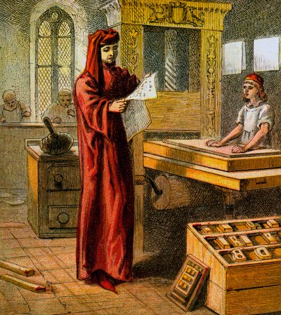 Den første engelske printer, 1400-tallet, c1850 af Unbekannt