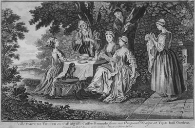 Spåkonen om støbning af kaffegrums, fra et originalt design i Vaux-hall ..., 1748-60. af Unbekannt