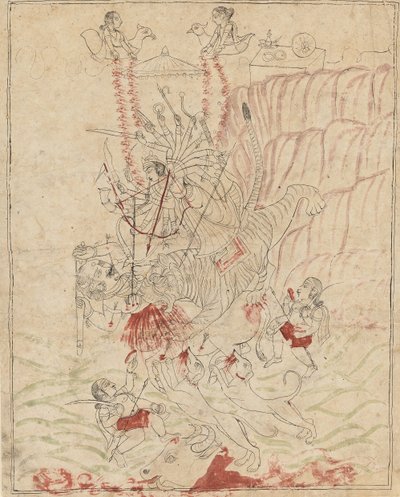 Gudinden Durga dræber bøffeldæmonen, Mahisha Mahishasur Mardini, Ka. 1760. af Unbekannt