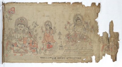 Gudinden Vasudhara flankeret af Kubera og en fragmentarisk Durga, dateret 1651. af Unbekannt