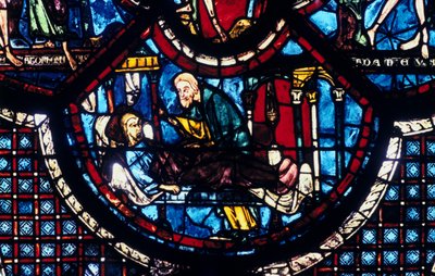 Den barmhjertige samaritaner tager sig af pilgrimmen, farvet glas, Chartres Cathedral, Frankrig, 1205-1215 af Unbekannt
