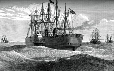The Great Eastern udspiller det atlantiske telegrafkabel, c1865, c1880 af Unbekannt