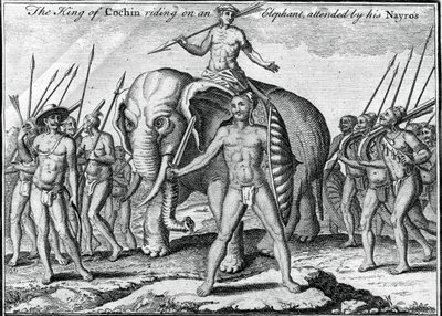 Kongen af Cochin rider på en elefant, overværet af hans Nayros, c1745 af Unbekannt