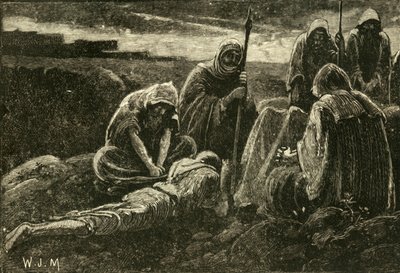 Mændene fra Jabesh sørger over Sauls og Jonathans grav, 1890. af Unbekannt