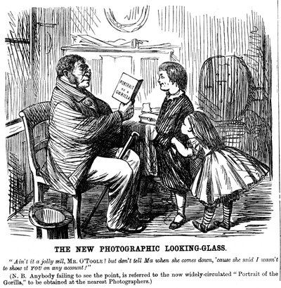 The New Photographic Looking Glass, tegneserie fra Punch, hverdagsbevis på menneskets oprindelse, 1861 af Unbekannt