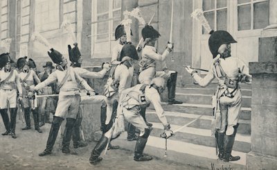 Den preussiske adelsgarde skærper deres sværd på trappen til den franske ambassade i Berlin, 1896 af Unbekannt