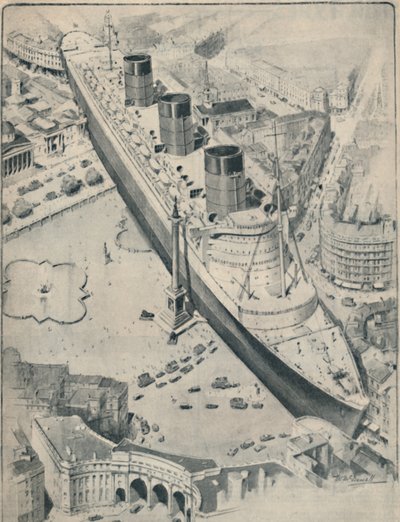 The Queen Mary i forhold til Trafalgar Square, London, 1936 af Unbekannt