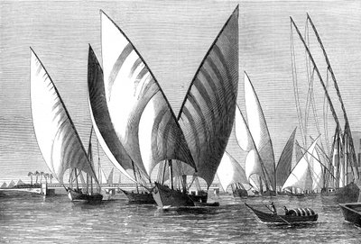 Floden ved Boulak-broen, Kairo, med dahabeahs forbi, 1874 af Unbekannt