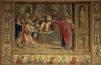 Troldmanden Elymas blev slået blind af St. Paul før den romerske guvernør Sergius Paulus, detalje fra Bruxelles-tapeterne, kopier af Rafaels Vatikanserie af Apostlenes Gerninger (tapet) af Unbekannt