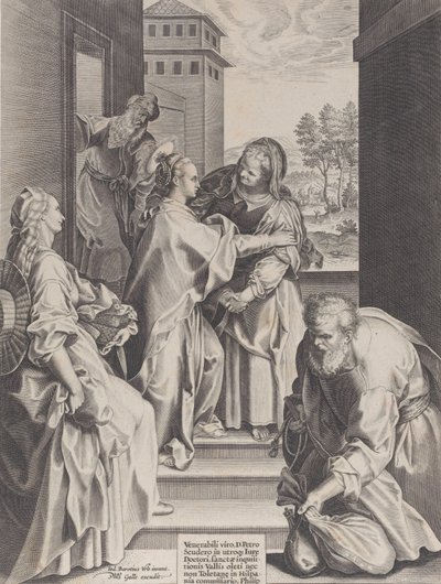 Visitationen, Jomfruen og Saint Elizabeth omfavner i midten, flankeret af andre f..., 1589. af Unbekannt