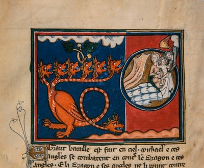 Kvinden og dragen. Miniature fra: Apocalypse de saint Jean, ca 1320. af Unbekannt