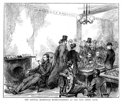 Den årlige underholdning med bind for øjnene i byens skakklub, 1876 af Unbekannt