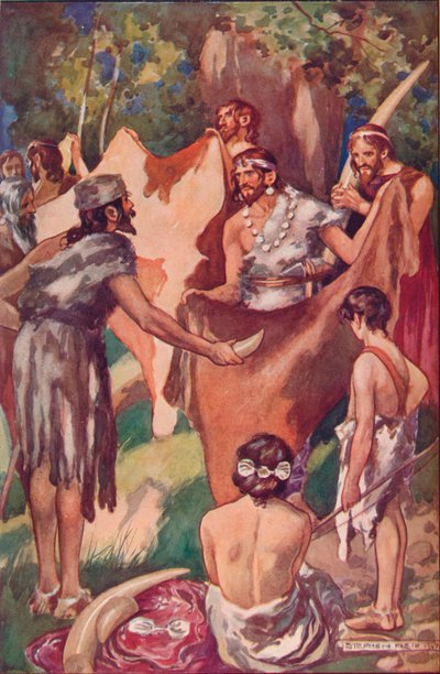 Begyndelsen af handel: primitive mennesker, der bytter elfenben stødtænder og tyrehuder, 1907 af Unbekannt