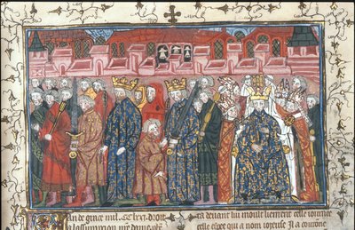 Kroningen af Philippe II Auguste i nærværelse af Henrik II af England Fra Chroniques de France ou de St Denis, efter 1380 af Unbekannt