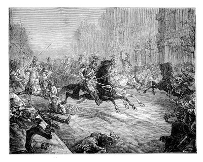 Kuppet detat, lancere, der angriber mængden i boulevarderne i Paris, 1800-tallet af Unbekannt