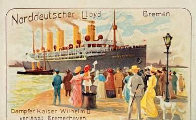 Den gigantiske SS Kaiser Wilhelm II trækker væk fra kajen ved Bremerhaven, Tyskland, 1905. af Unbekannt