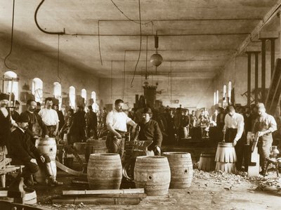 Fremstilling af øltønder af træ i Pilsen, 1880