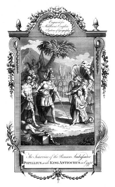 Mødet mellem den romerske ambassadør, Popillius, og kong Antiochus, Egypten, c1700-tallet af Unbekannt