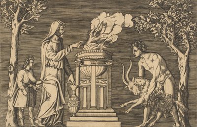 Ofringen af en vædder holdt af en nøgen mand til højre, hætteklædt præst til venstre med en..., ca. 1515-1600. af Unbekannt