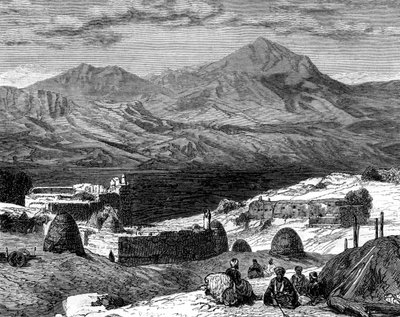 Landsbyen Gharzen og Kurdistans bjerge, 1800-tallet af Unbekannt