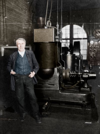 Thomas Alva Edison, amerikansk opfinder, med sin første dynamo til fremstilling af elektrisk lys, 1880