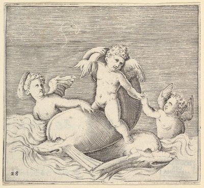 Tre amoriner og to delfiner, udgivet ca. 1599-1622. af Unbekannt