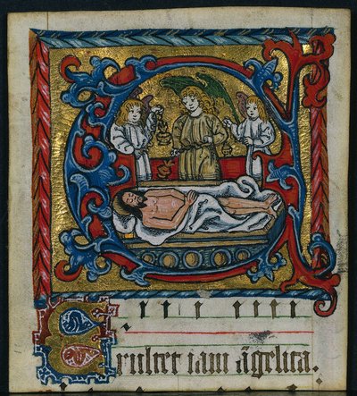 Tre stiklinger fra et missal: Indledende E med gravlæggelsens engle, ca. 1470-1500. af Unbekannt
