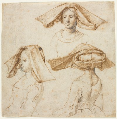 Tre undersøgelser af en kvinde iført en udførlig hovedbeklædning, ca. 1500. af Unbekannt