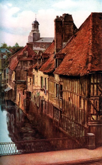 Træhuse ved Pont de Caen i Caudebec-en-Caux, Normandiet, Frankrig, c1930