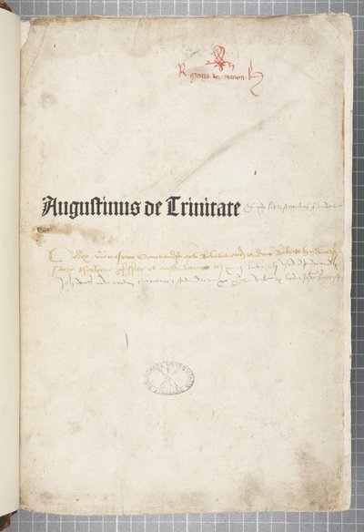 Titelside af De trinitate og De Civitate Dei cum commento, skrevet af Augustin af Hippo (pen & blæk på papir) af Unbekannt